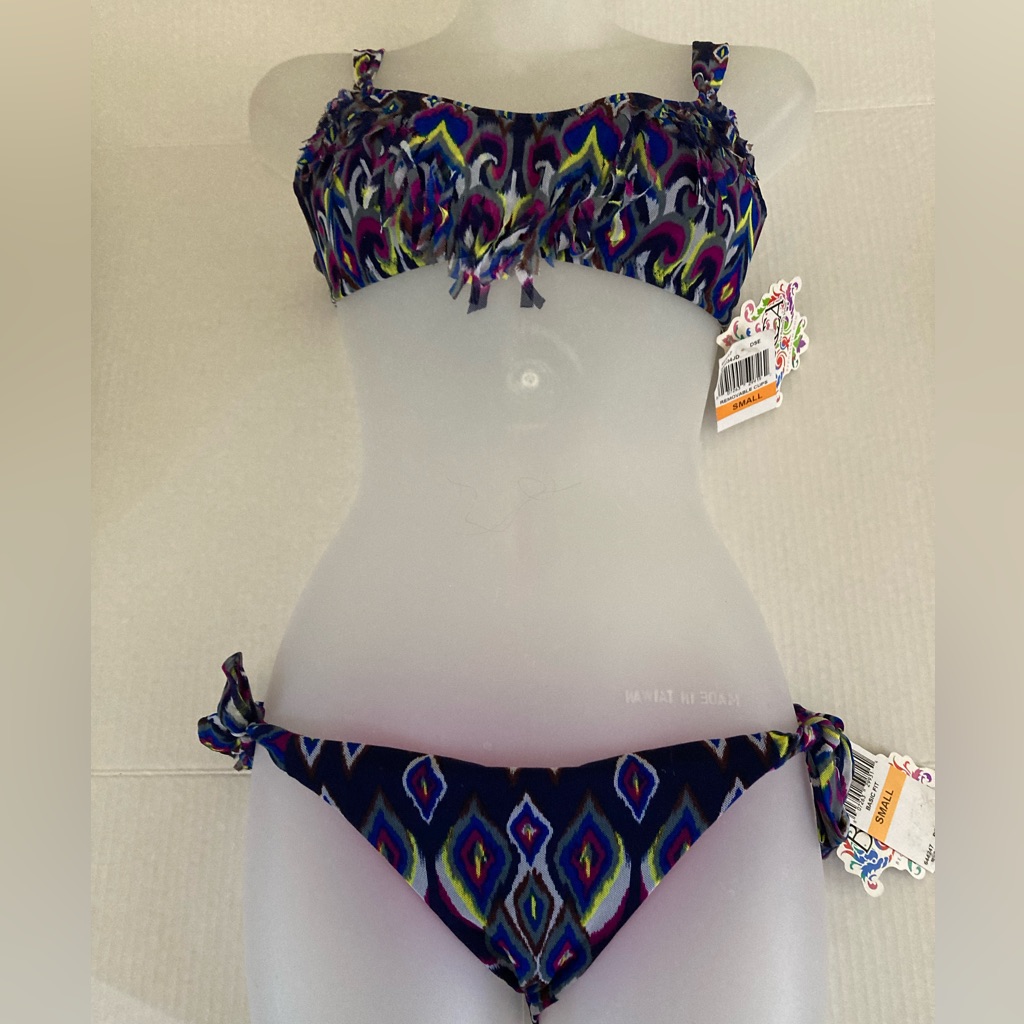 *Becca New Navy Abstract Print Small Mesh Fringe Bralette W/ Side Tie Bottom #Ir